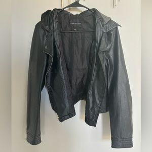 Black Faux Leather Jacket with Gray Hood
